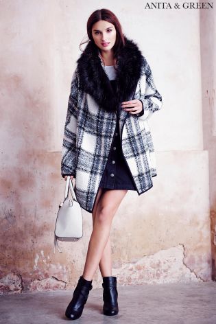 Anita & Green Faux Fur Trim Check Coat